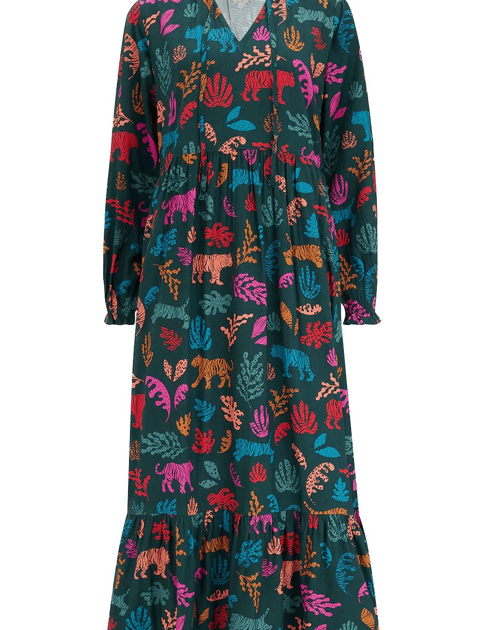 Vestido Sugarhill Annalise Midi Smock Dark Green Tiger Cutouts - ECRU