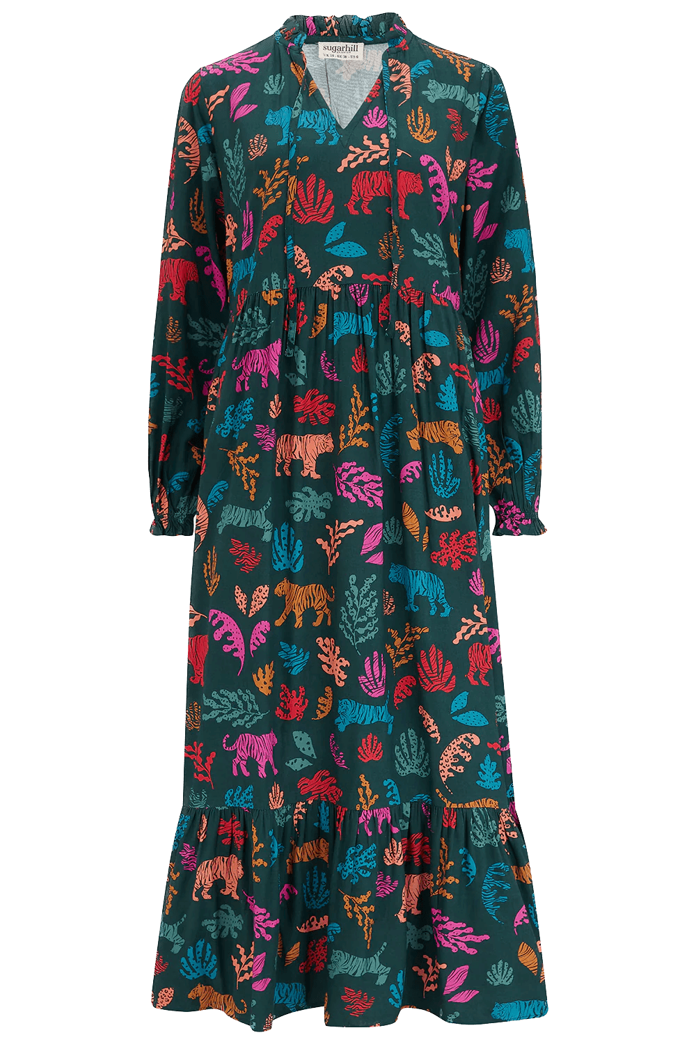 Vestido Sugarhill Annalise Midi Smock Dark Green Tiger Cutouts - ECRU