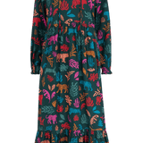 Vestido Sugarhill Annalise Midi Smock Dark Green Tiger Cutouts - ECRU