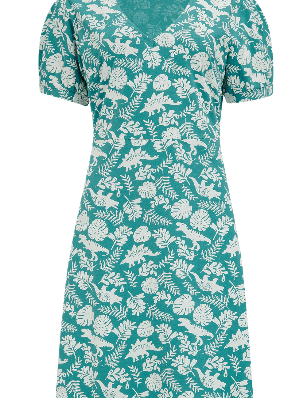 Vestido Sugarhill Annette de Punto con Cuello Pico Teal Dinosaur Stamp - ECRU