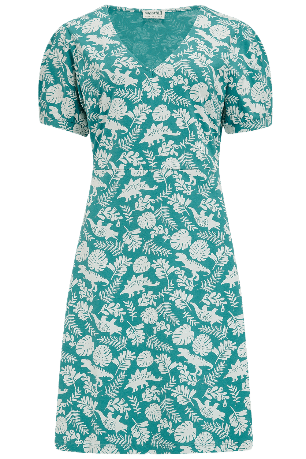 Vestido Sugarhill Annette de Punto con Cuello Pico Teal Dinosaur Stamp - ECRU