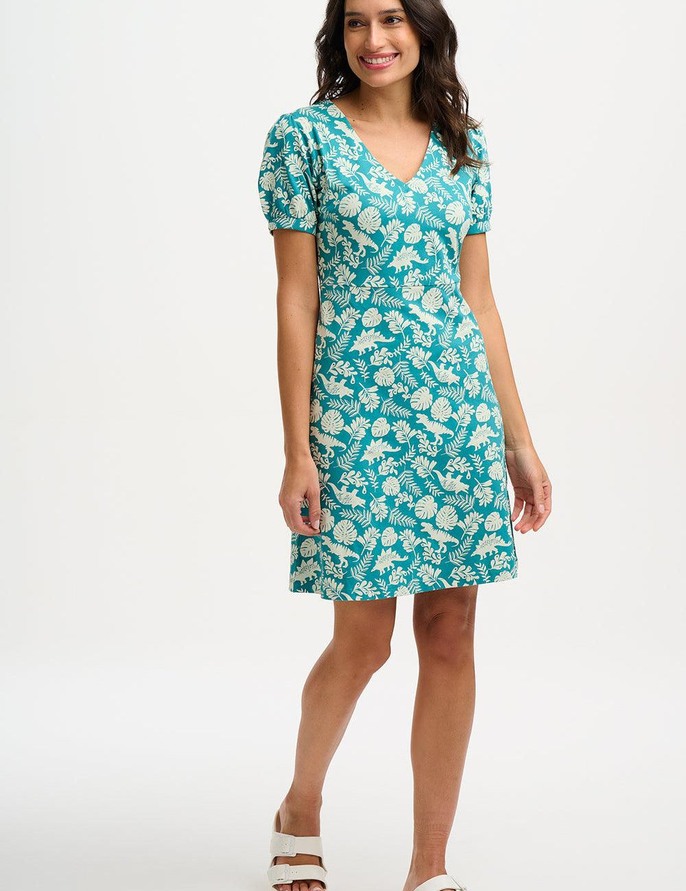 Vestido Sugarhill Annette de Punto con Cuello Pico Teal Dinosaur Stamp - ECRU