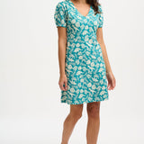 Vestido Sugarhill Annette de Punto con Cuello Pico Teal Dinosaur Stamp - ECRU