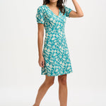 Vestido Sugarhill Annette de Punto con Cuello Pico Teal Dinosaur Stamp - ECRU