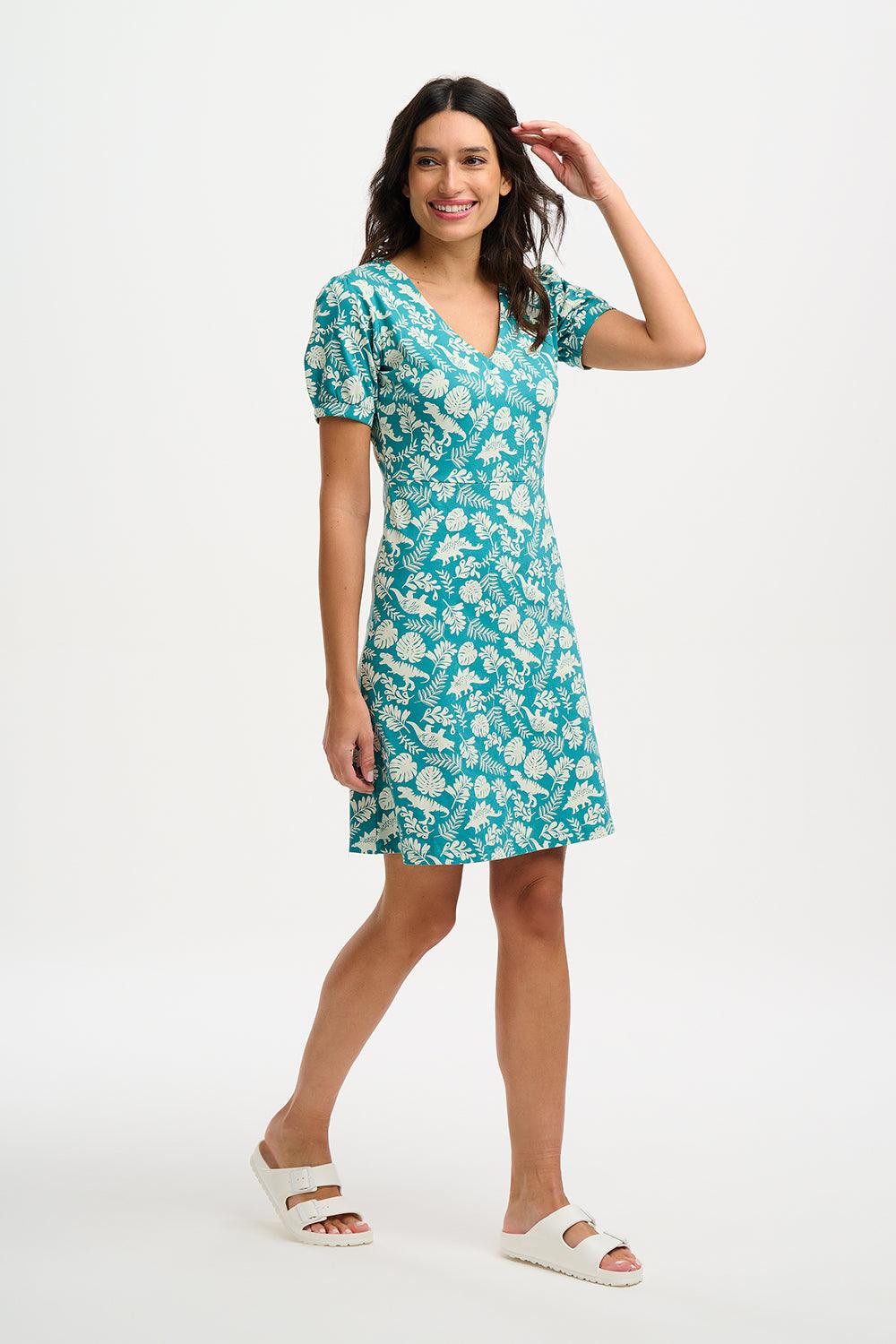 Vestido Sugarhill Annette de Punto con Cuello Pico Teal Dinosaur Stamp - ECRU