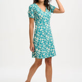 Vestido Sugarhill Annette de Punto con Cuello Pico Teal Dinosaur Stamp - ECRU