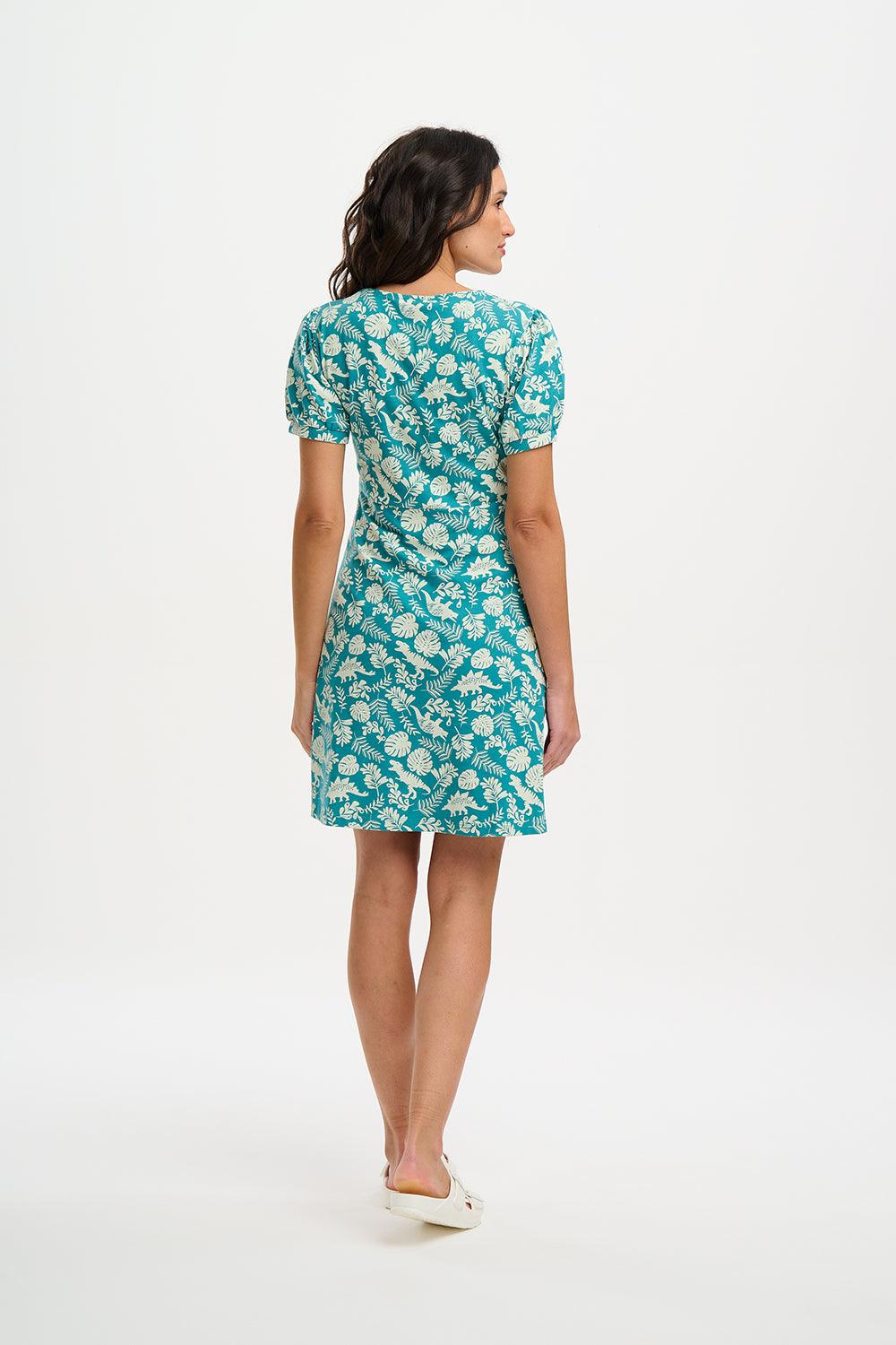 Vestido Sugarhill Annette de Punto con Cuello Pico Teal Dinosaur Stamp - ECRU