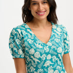 Vestido Sugarhill Annette de Punto con Cuello Pico Teal Dinosaur Stamp - ECRU