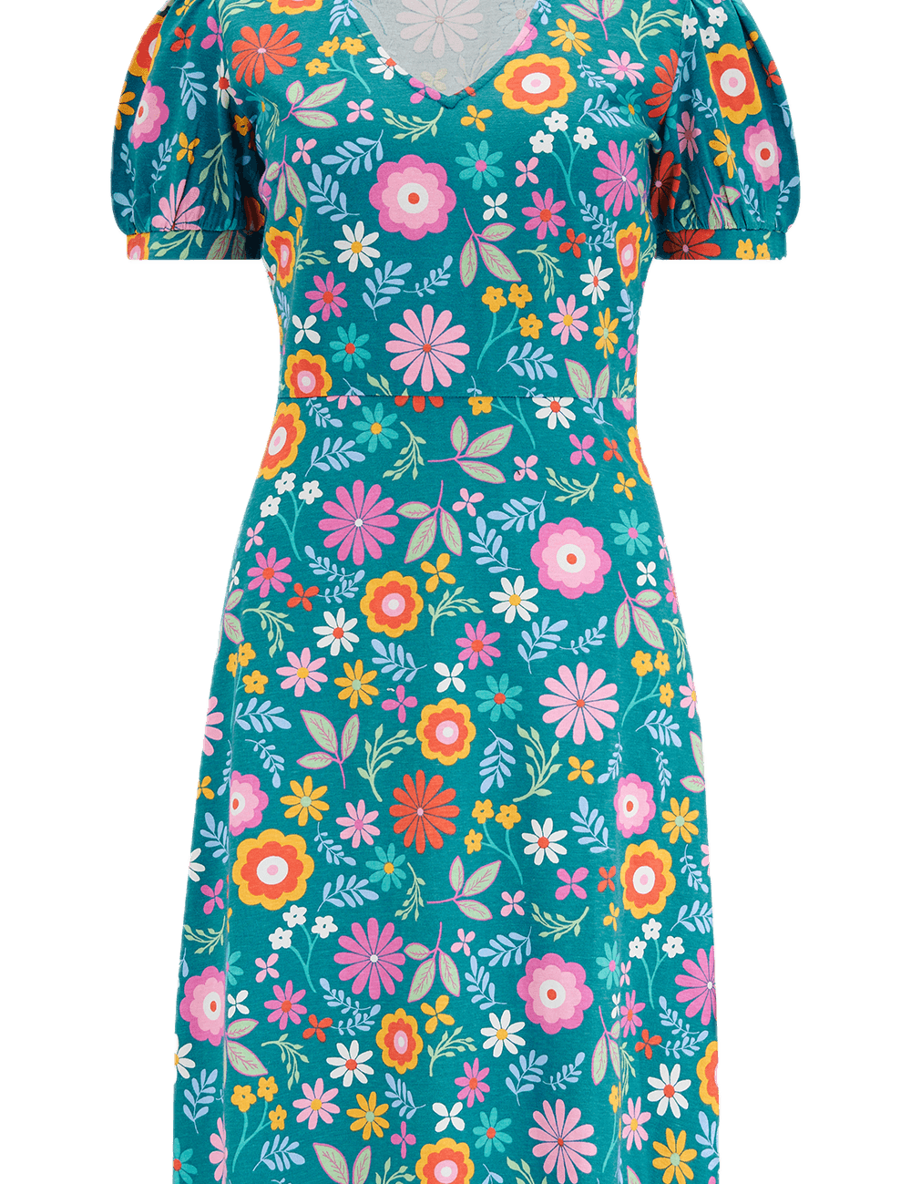 Vestido Sugarhill Annette de Punto con Cuello Pico Teal Folk Floral - ECRU