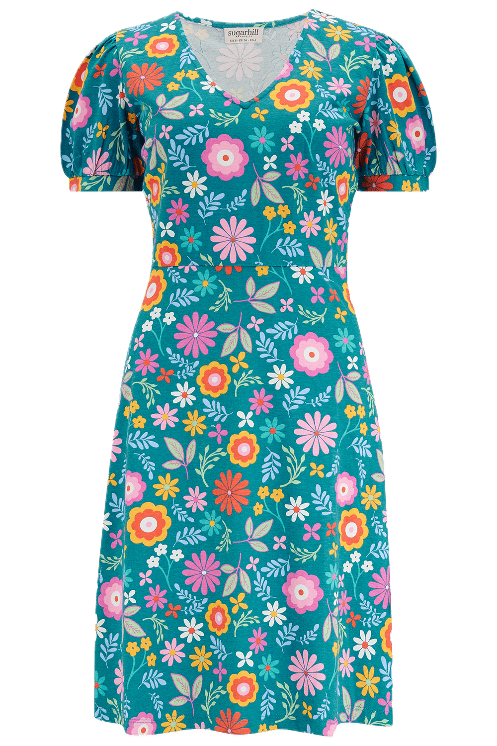 Vestido Sugarhill Annette de Punto con Cuello Pico Teal Folk Floral - ECRU