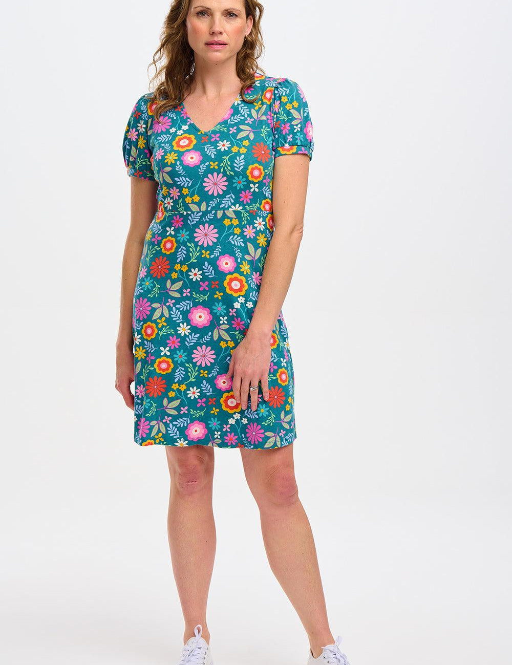 Vestido Sugarhill Annette de Punto con Cuello Pico Teal Folk Floral - ECRU