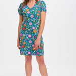 Vestido Sugarhill Annette de Punto con Cuello Pico Teal Folk Floral - ECRU