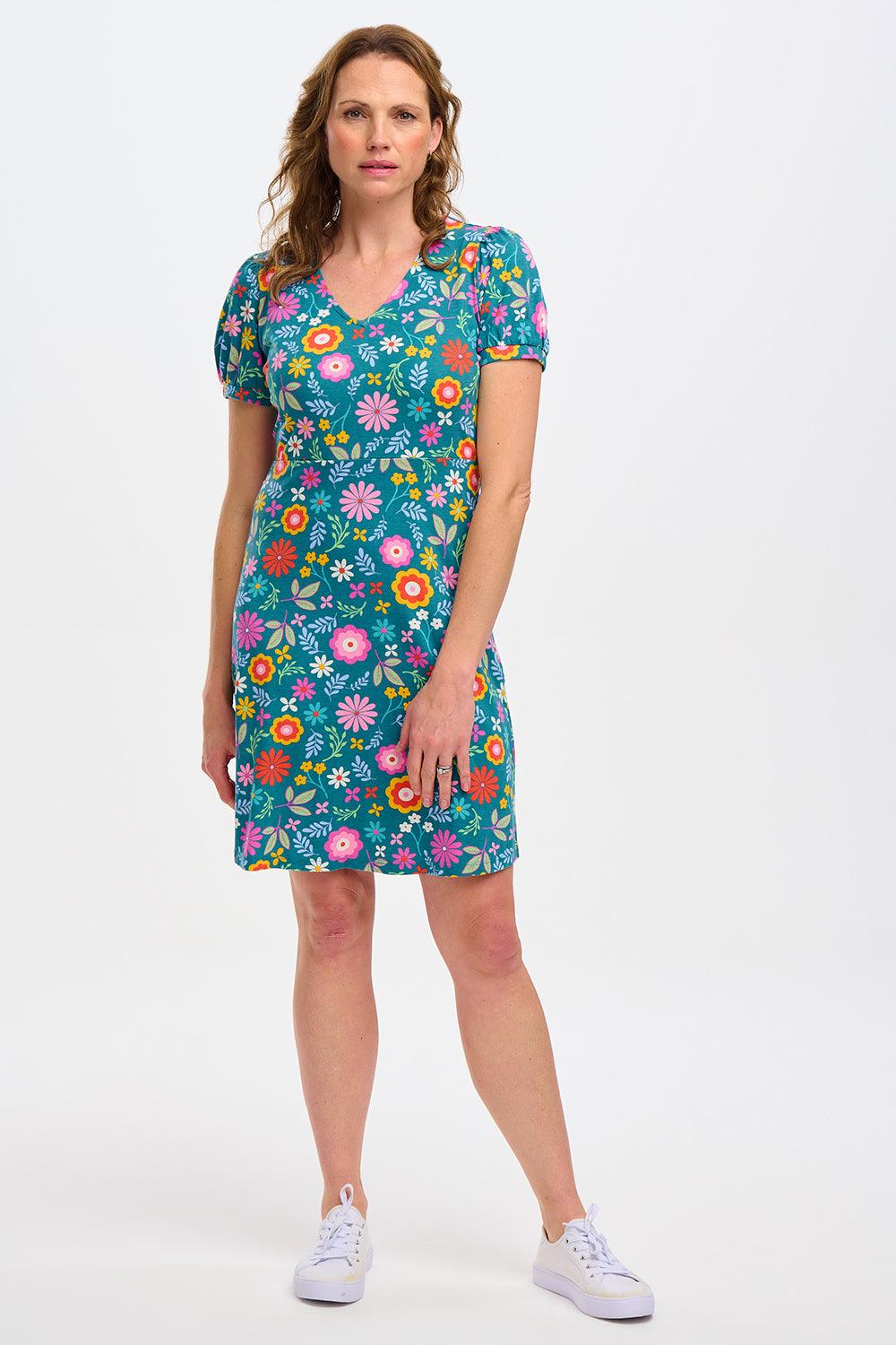 Vestido Sugarhill Annette de Punto con Cuello Pico Teal Folk Floral - ECRU