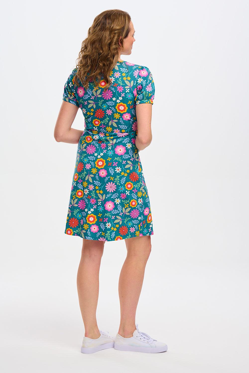 Vestido Sugarhill Annette de Punto con Cuello Pico Teal Folk Floral - ECRU