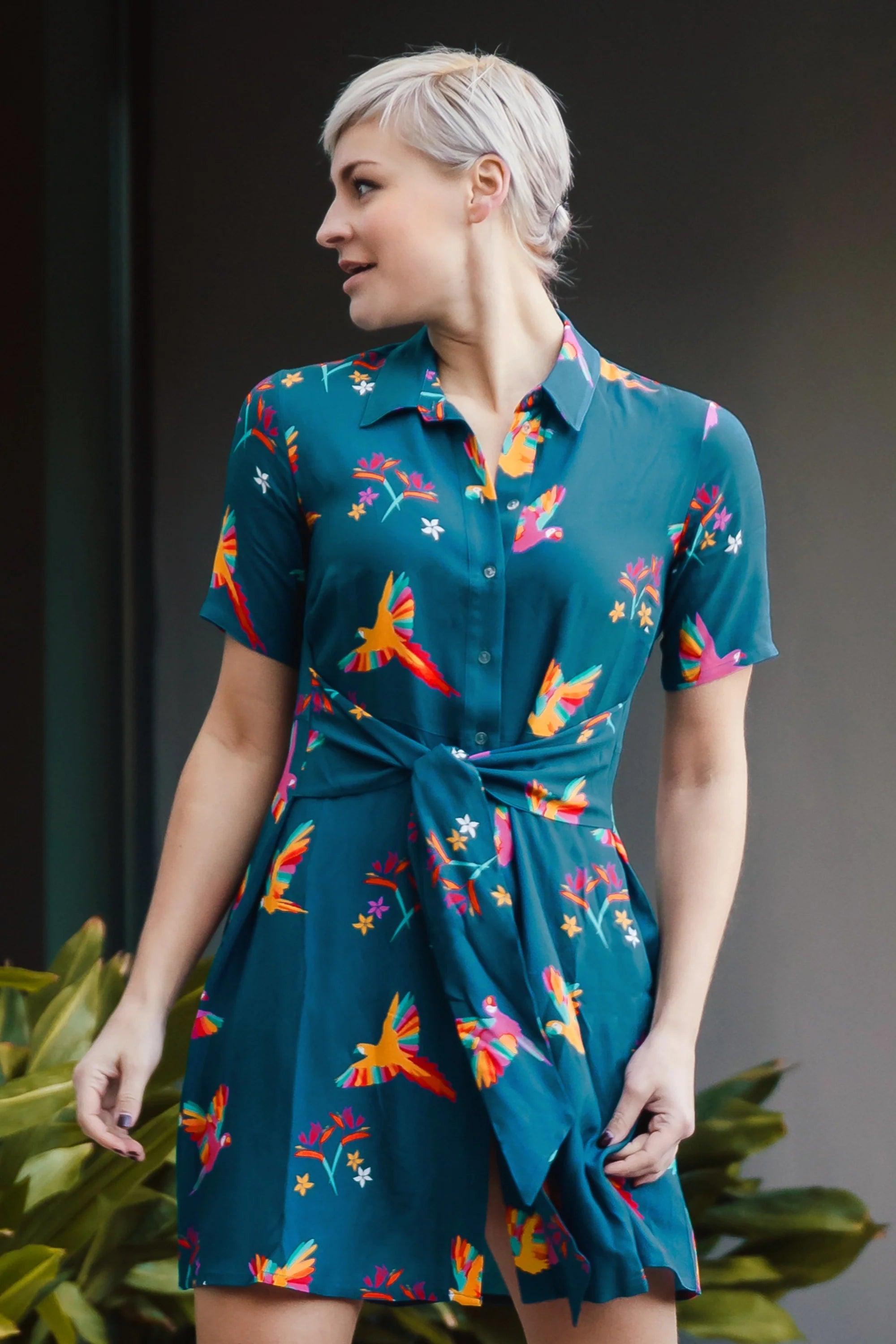 Vestido Sugarhill Camisero Dessie Teal Rainbow Parrots - ECRU