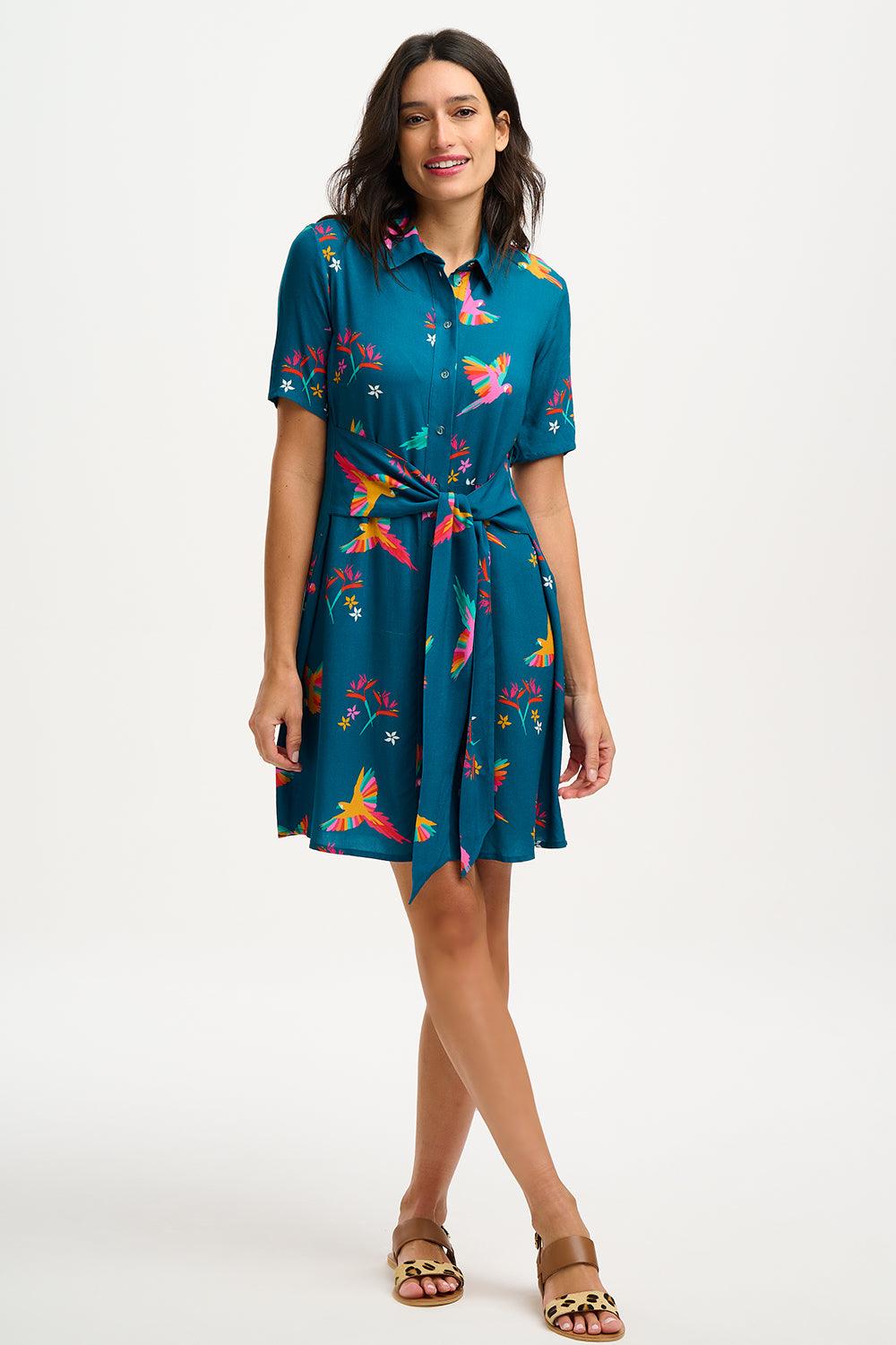 Vestido Sugarhill Camisero Dessie Teal Rainbow Parrots - ECRU