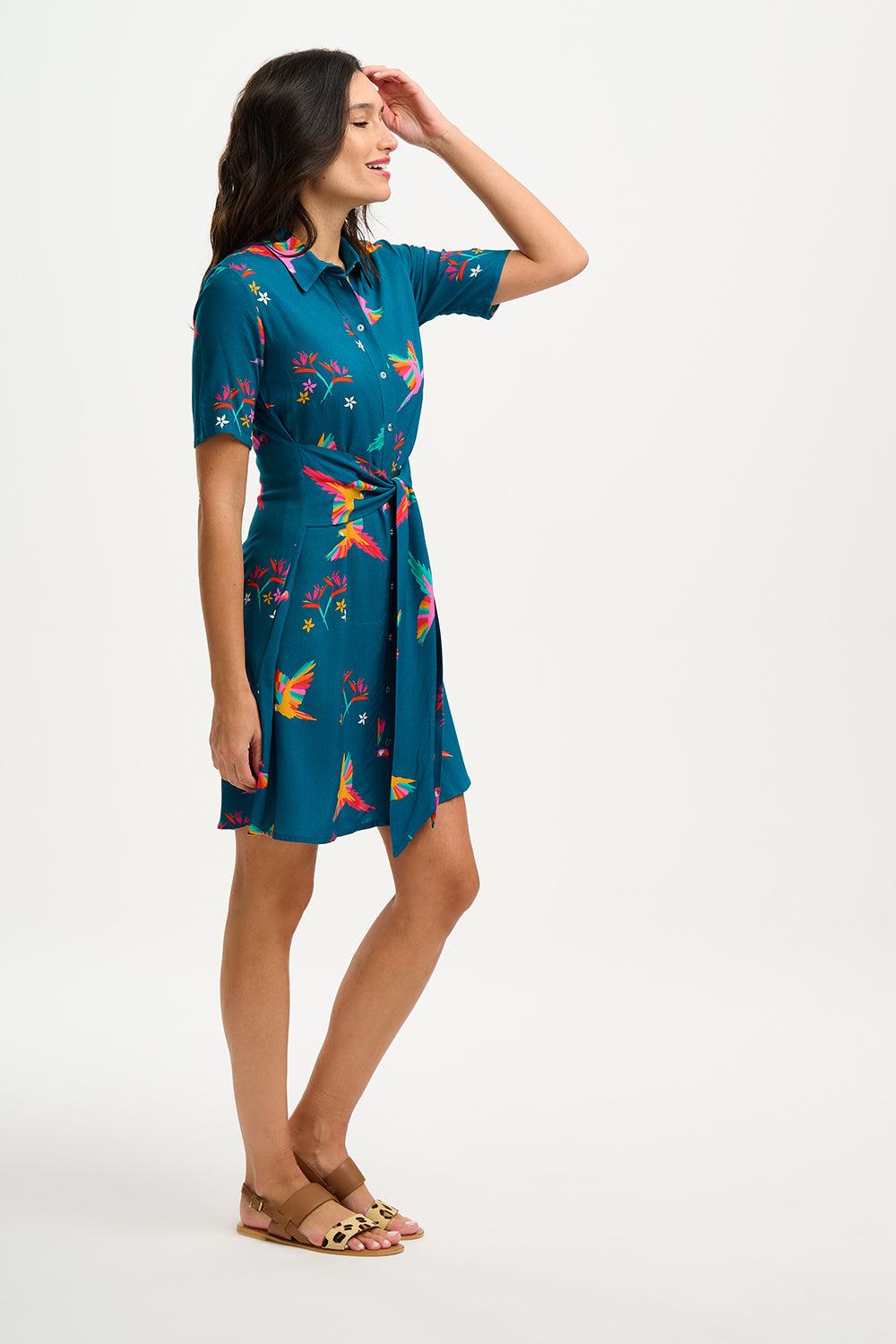 Vestido Sugarhill Camisero Dessie Teal Rainbow Parrots - ECRU