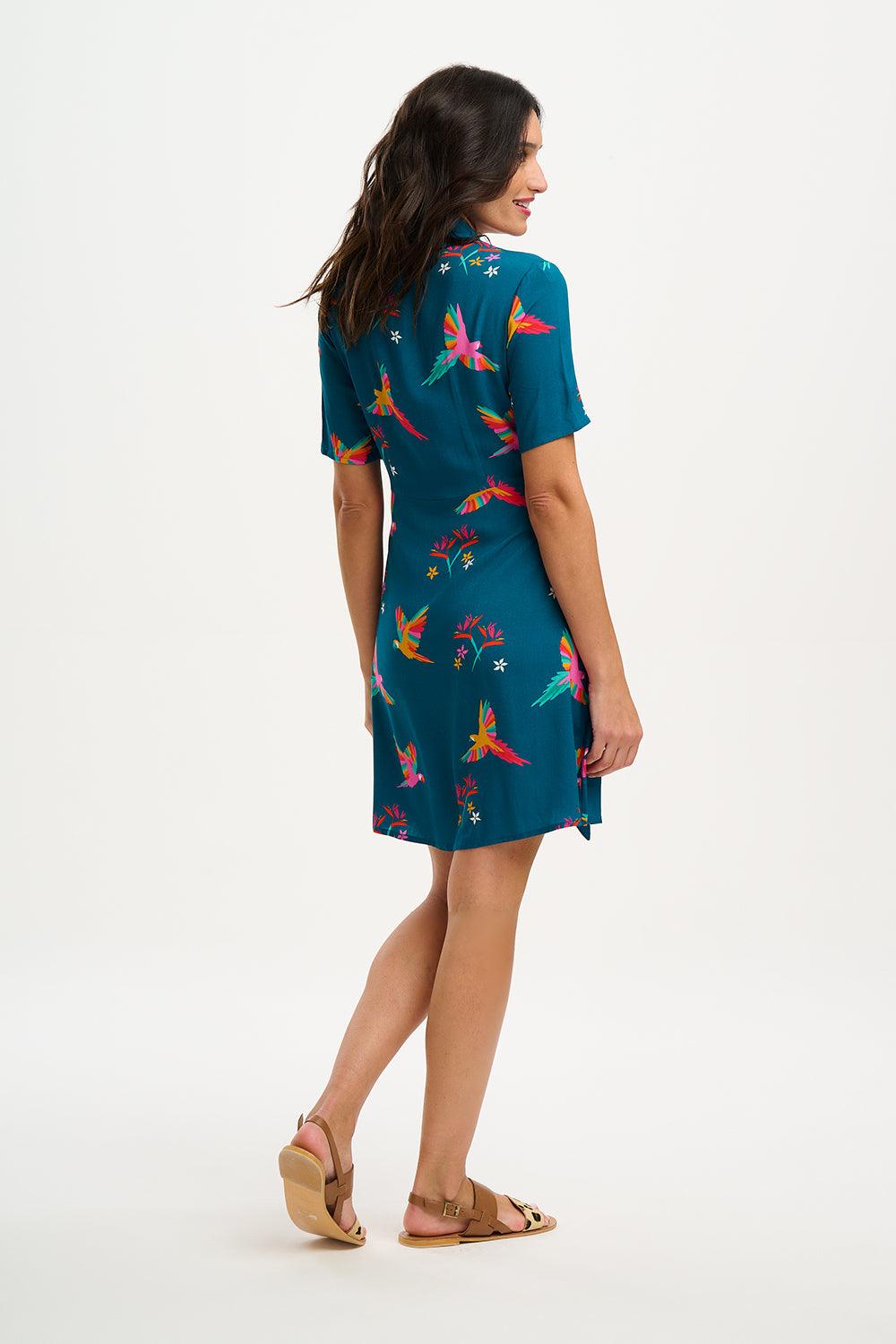 Vestido Sugarhill Camisero Dessie Teal Rainbow Parrots - ECRU