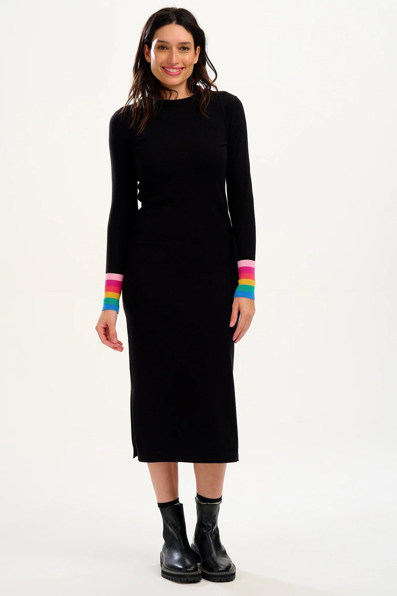 Vestido Sugarhill de Punto Liselle Black, Rainbow Stripe Cuffs - ECRU