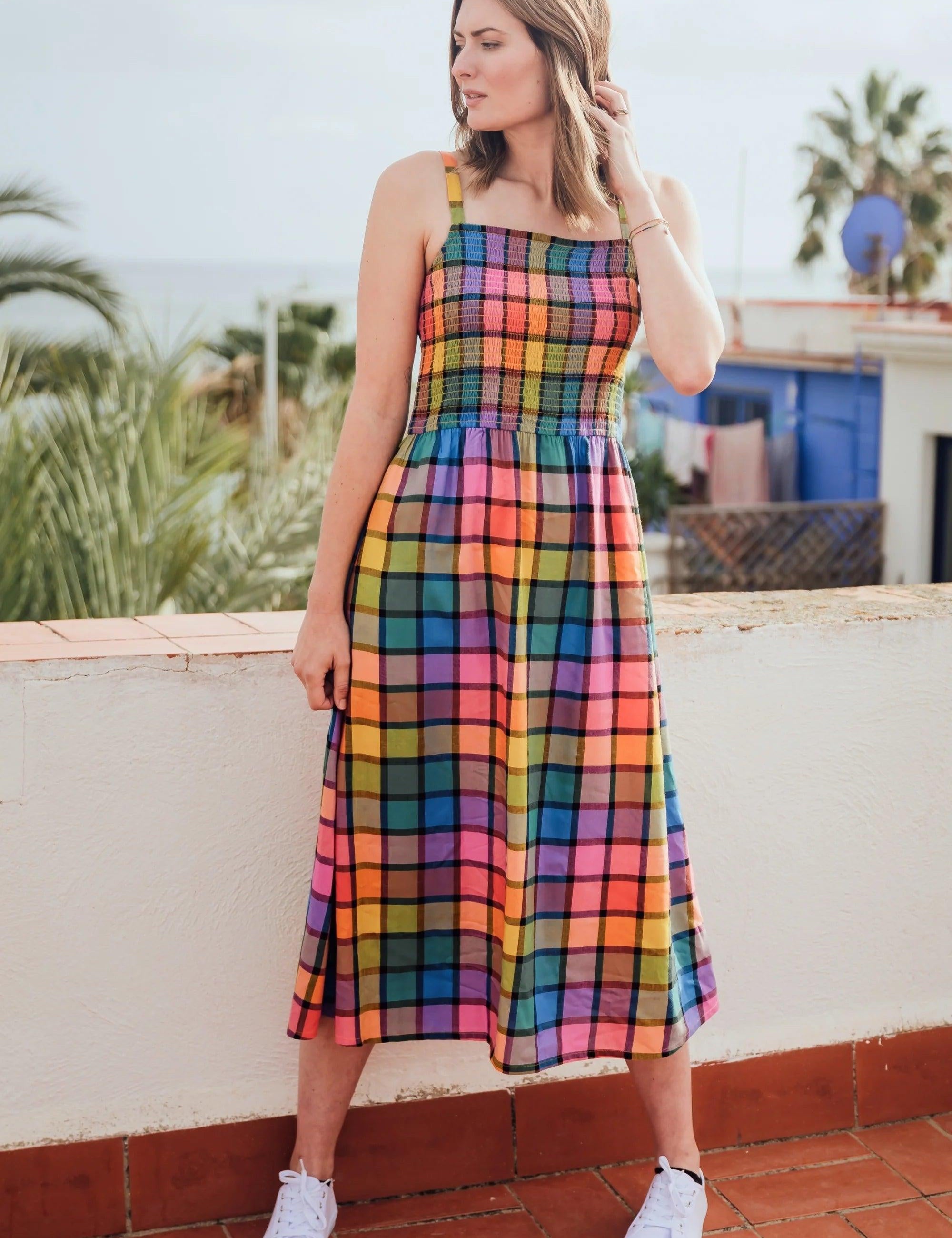 Vestido Sugarhill Denali Midi Multi Summer Rainbow Check - ECRU