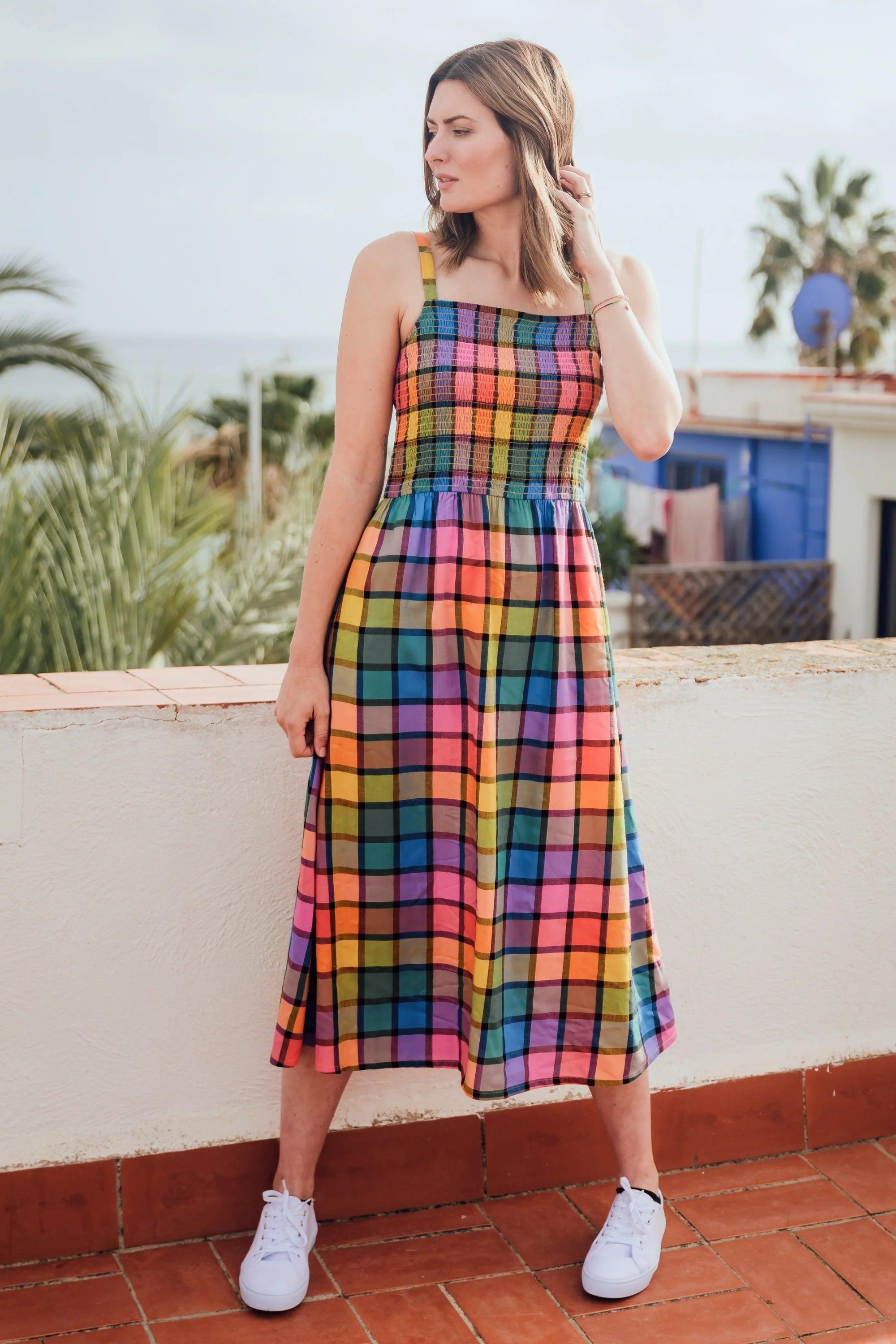 Vestido Sugarhill Denali Midi Multi Summer Rainbow Check - ECRU