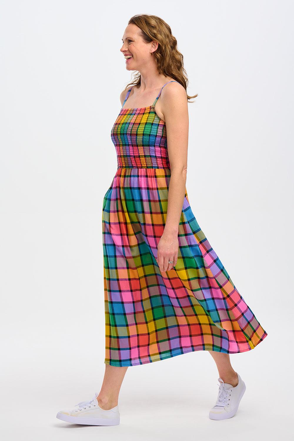 Vestido Sugarhill Denali Midi Multi Summer Rainbow Check - ECRU