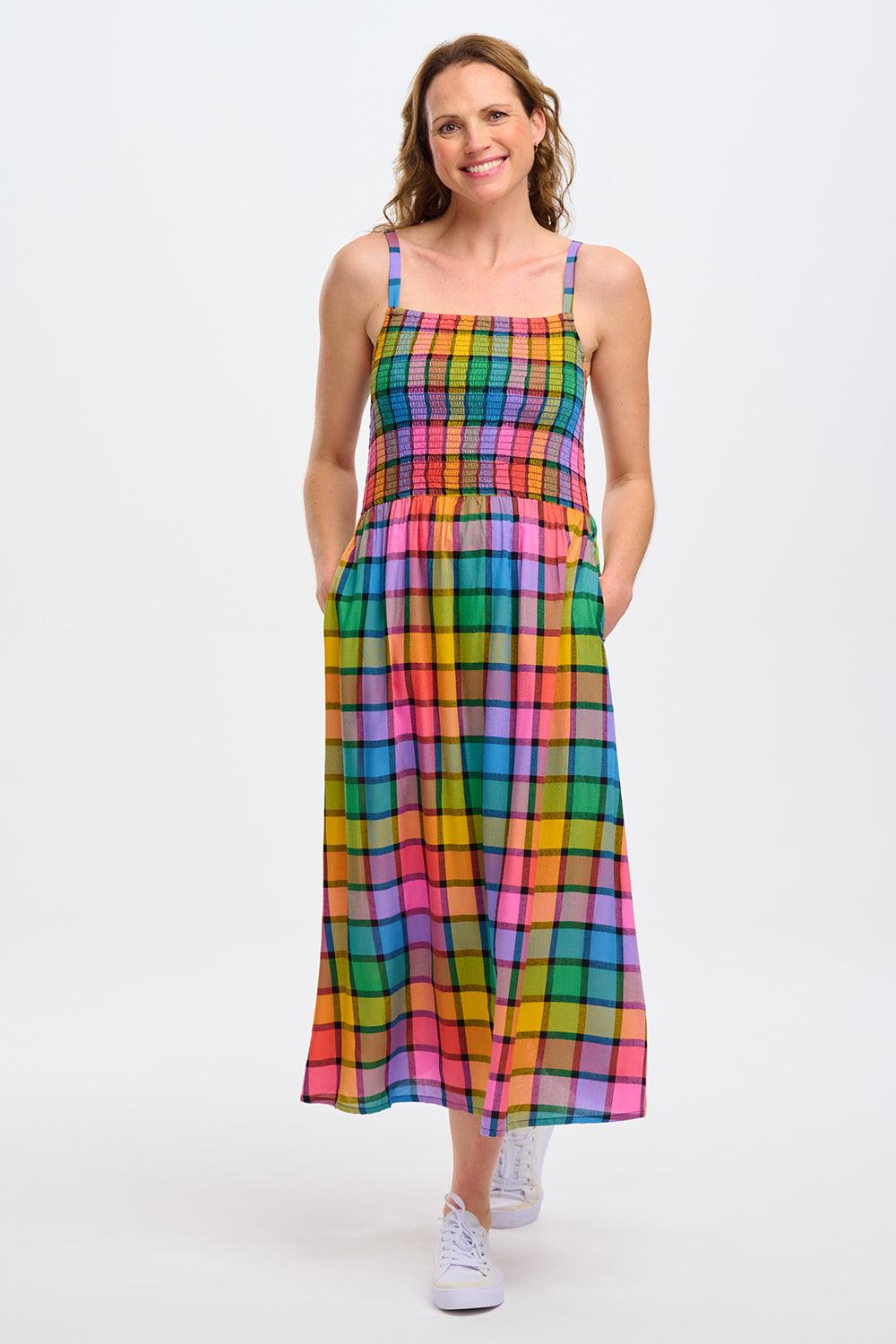 Vestido Sugarhill Denali Midi Multi Summer Rainbow Check - ECRU