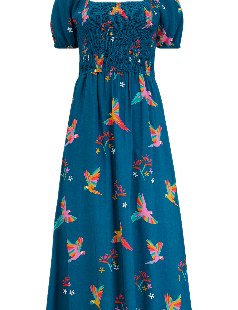 Vestido Sugarhill Jolene Midi Shirred Teal Rainbow Parrots - ECRU