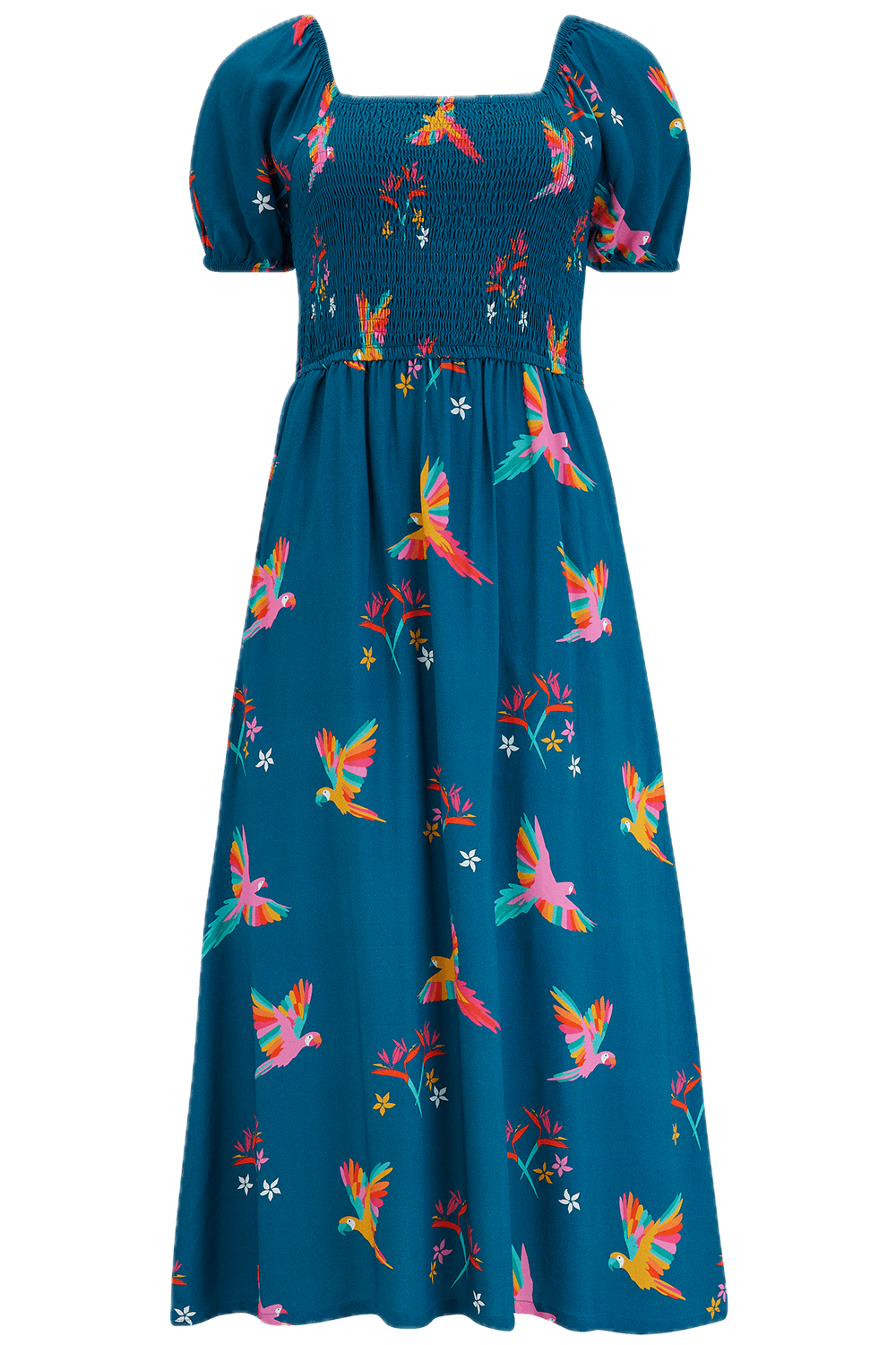 Vestido Sugarhill Jolene Midi Shirred Teal Rainbow Parrots - ECRU