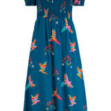 Vestido Sugarhill Jolene Midi Shirred Teal Rainbow Parrots - ECRU