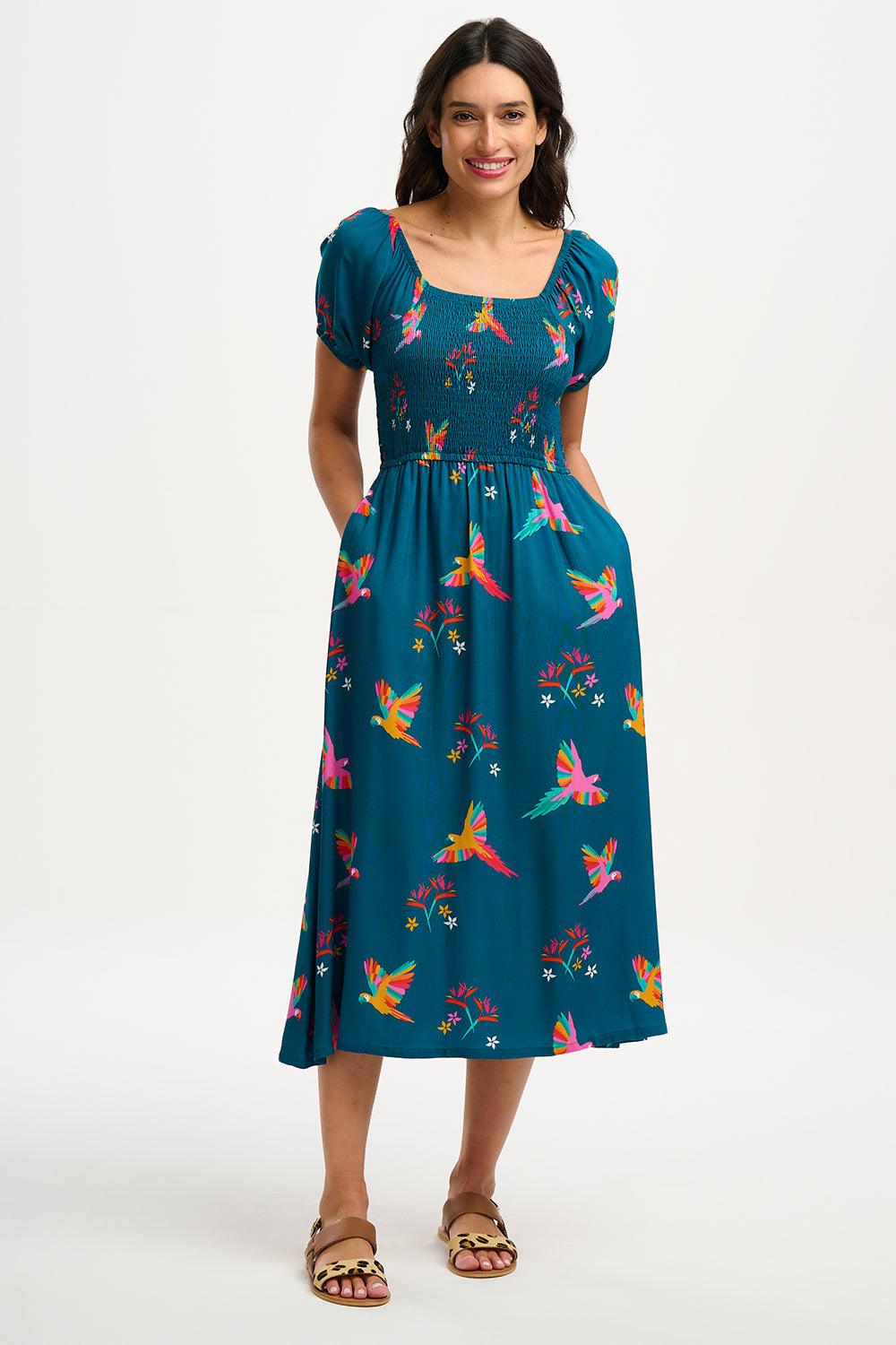 Vestido Sugarhill Jolene Midi Shirred Teal Rainbow Parrots - ECRU