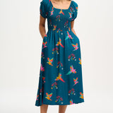 Vestido Sugarhill Jolene Midi Shirred Teal Rainbow Parrots - ECRU