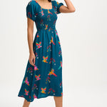 Vestido Sugarhill Jolene Midi Shirred Teal Rainbow Parrots - ECRU