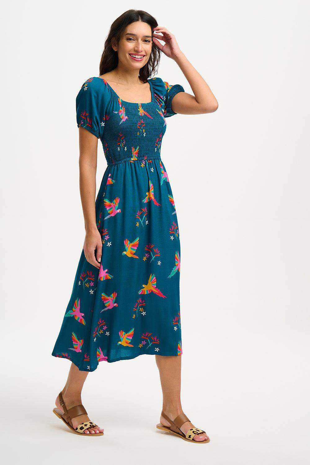 Vestido Sugarhill Jolene Midi Shirred Teal Rainbow Parrots - ECRU