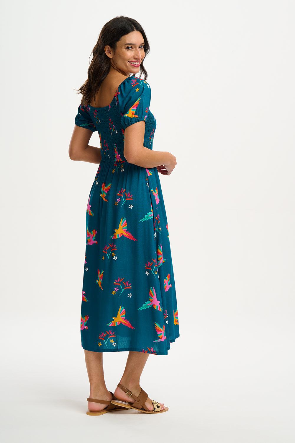 Vestido Sugarhill Jolene Midi Shirred Teal Rainbow Parrots - ECRU