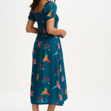 Vestido Sugarhill Jolene Midi Shirred Teal Rainbow Parrots - ECRU