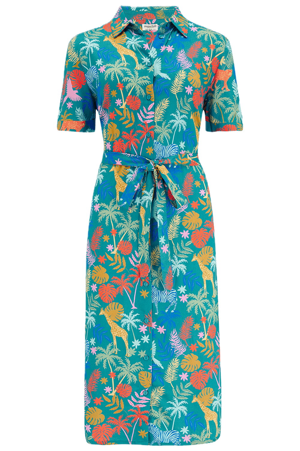 Vestido Sugarhill Justine Camisero Midi Teal Rainbow Jungle - ECRU