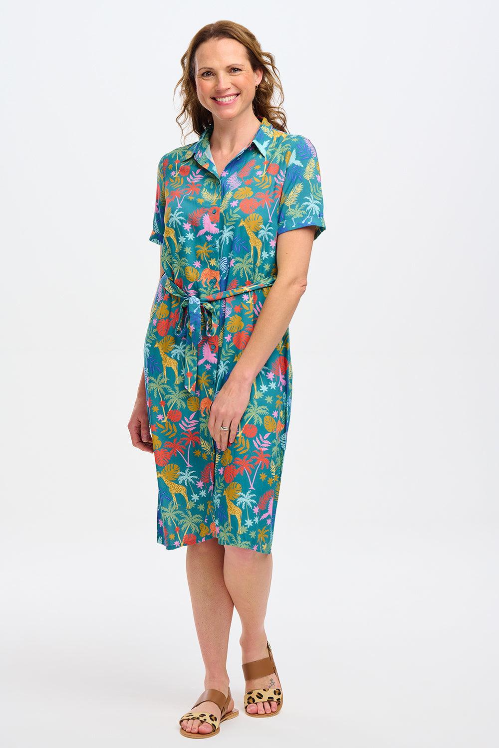 Vestido Sugarhill Justine Camisero Midi Teal Rainbow Jungle - ECRU