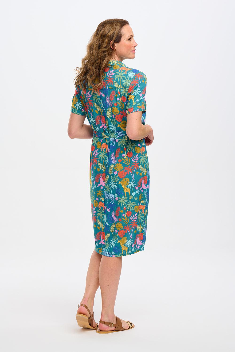 Vestido Sugarhill Justine Camisero Midi Teal Rainbow Jungle - ECRU