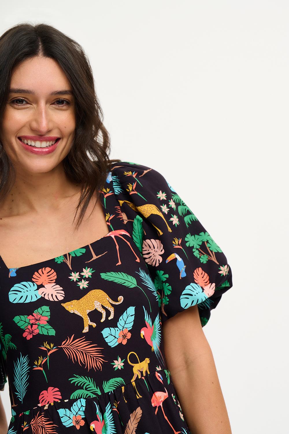 Vestido Sugarhill Lilou Black Tropical Safari - ECRU