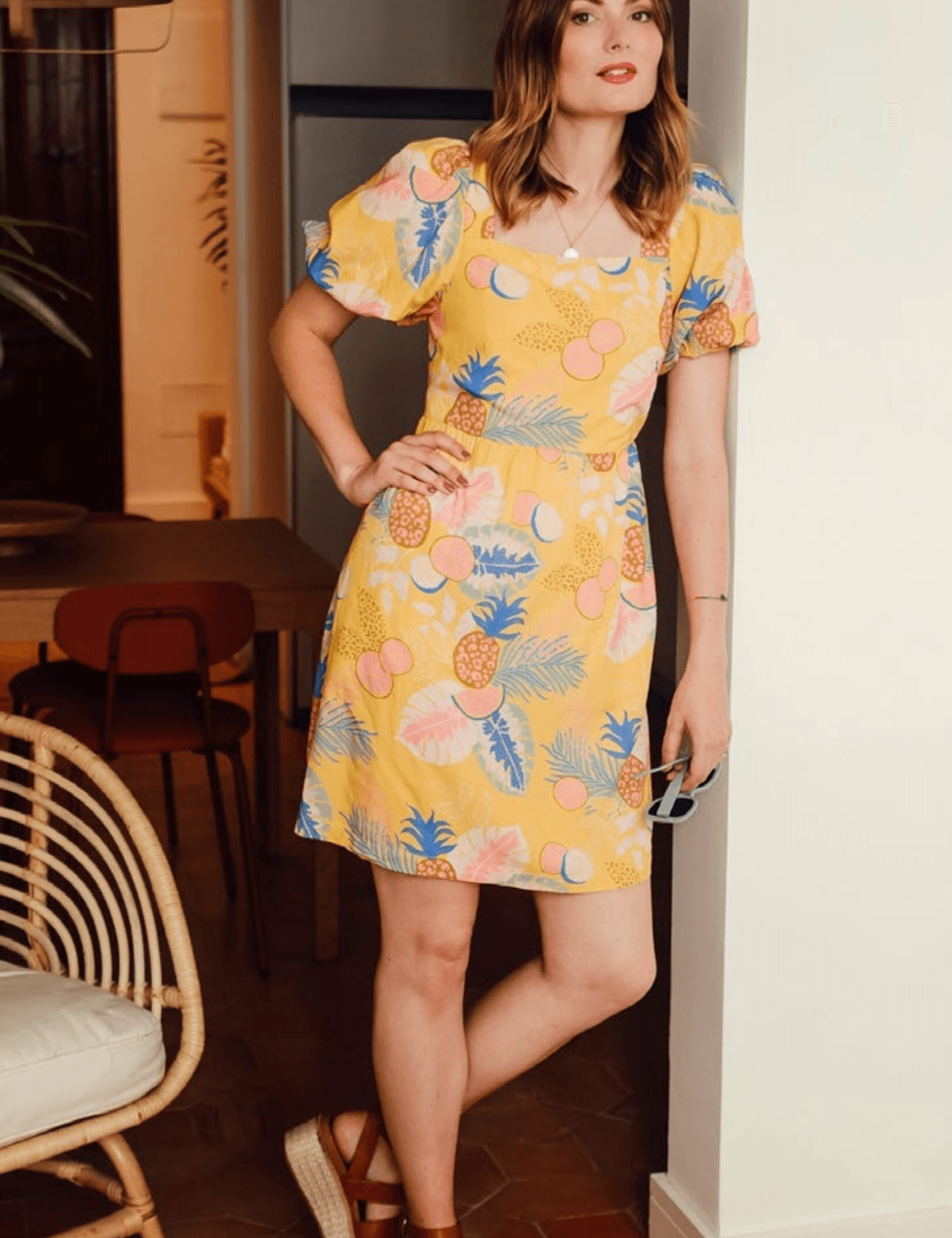 Vestido Sugarhill Lilou Yellow Tropical Fruits - ECRU