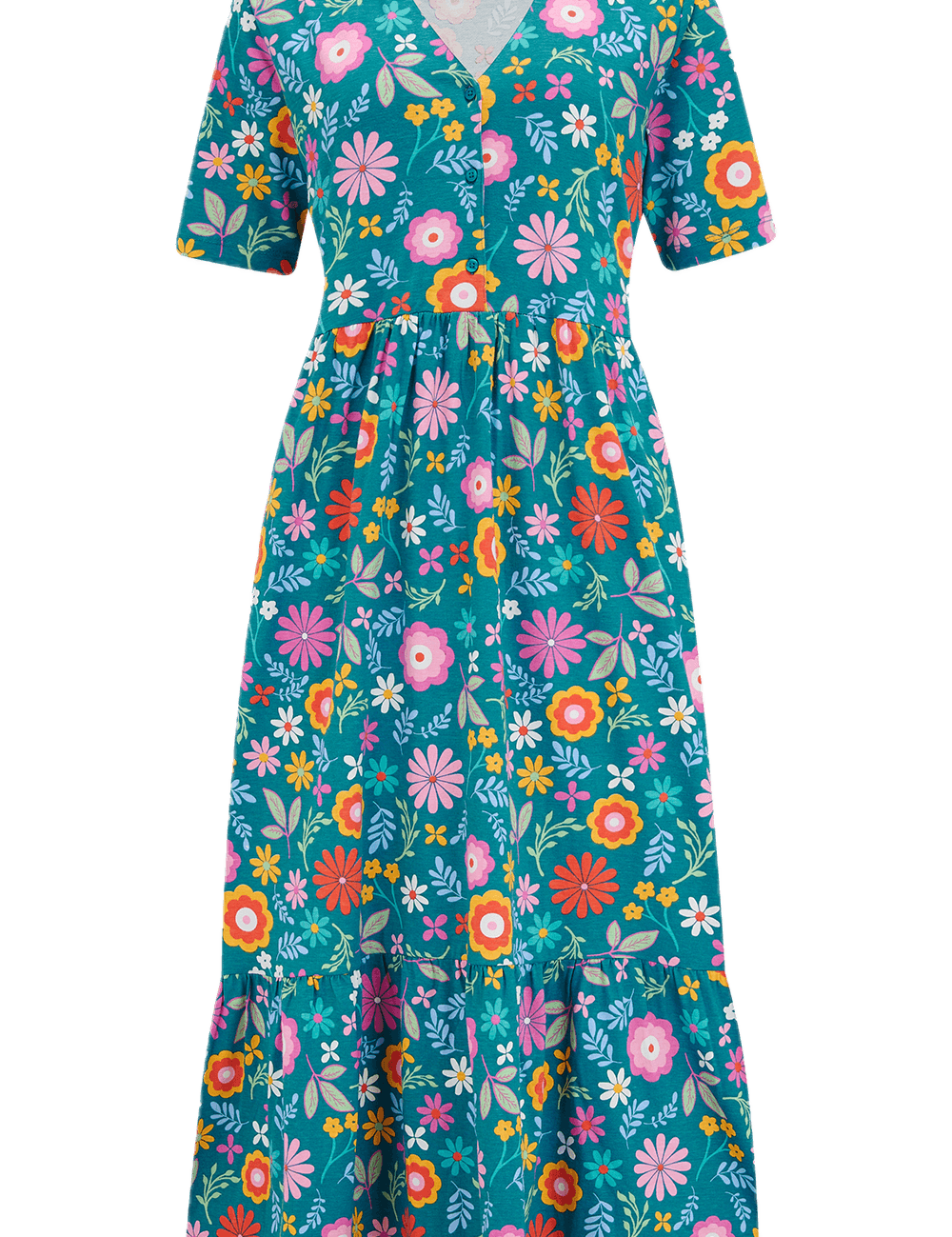 Vestido Sugarhill Midi Smock Teal Folk Floral - ECRU