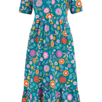 Vestido Sugarhill Midi Smock Teal Folk Floral - ECRU