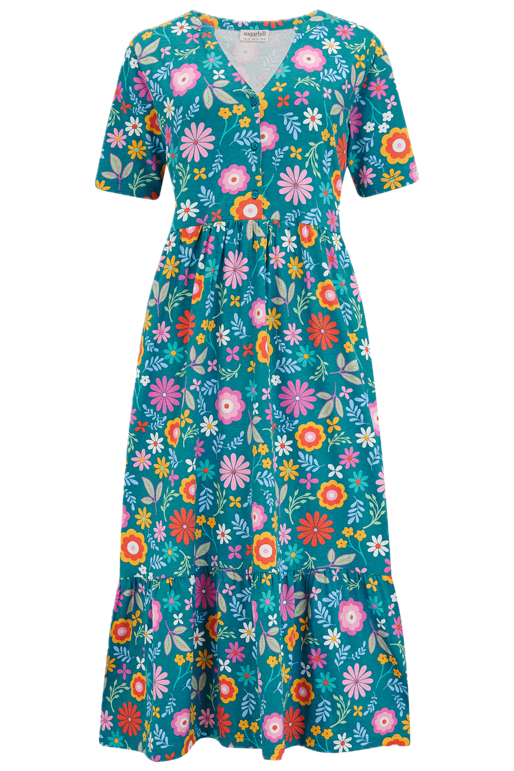 Vestido Sugarhill Midi Smock Teal Folk Floral - ECRU