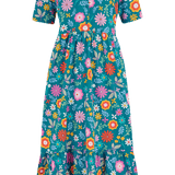 Vestido Sugarhill Midi Smock Teal Folk Floral - ECRU