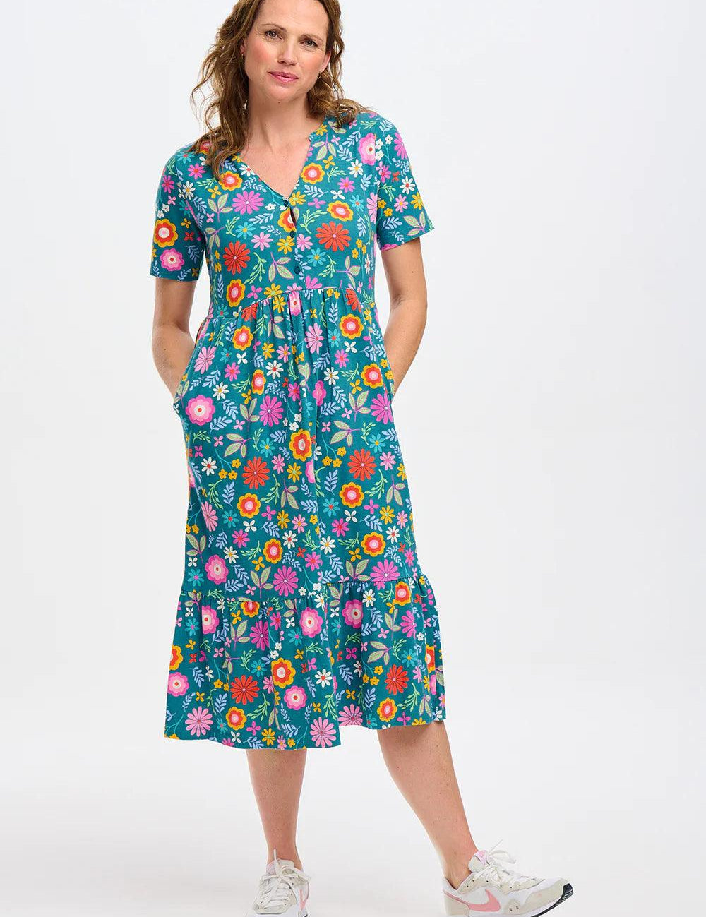 Vestido Sugarhill Midi Smock Teal Folk Floral - ECRU