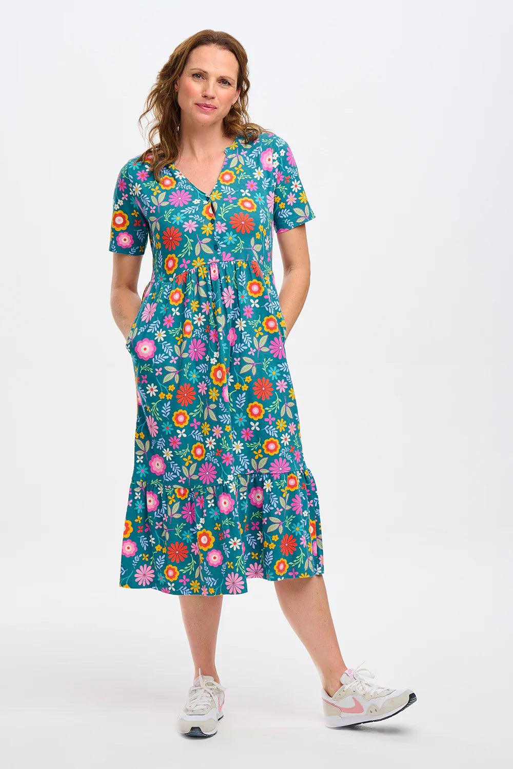 Vestido Sugarhill Midi Smock Teal Folk Floral - ECRU