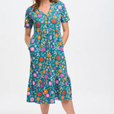 Vestido Sugarhill Midi Smock Teal Folk Floral - ECRU