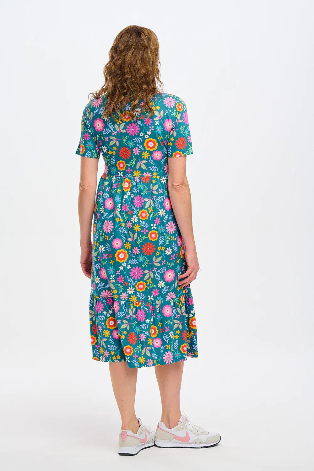 Vestido Sugarhill Midi Smock Teal Folk Floral - ECRU