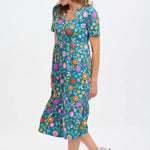 Vestido Sugarhill Midi Smock Teal Folk Floral - ECRU